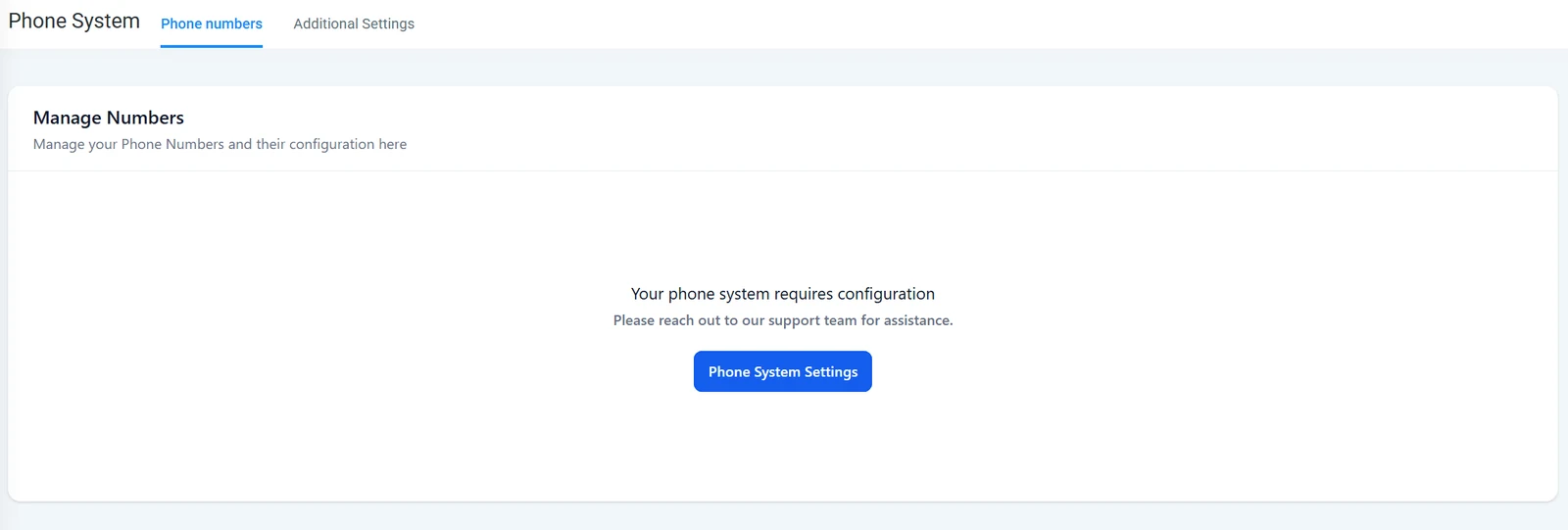 A GoHighLevel demo sub-account with no phone system: the Phone System settings page says the phone system requires configuration.