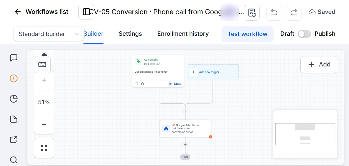 The CV-05 workflow in a demo account: a Call Status trigger for inbound calls followed by a Google Ads phone call step marked to select the conversion action, saved as a draft.