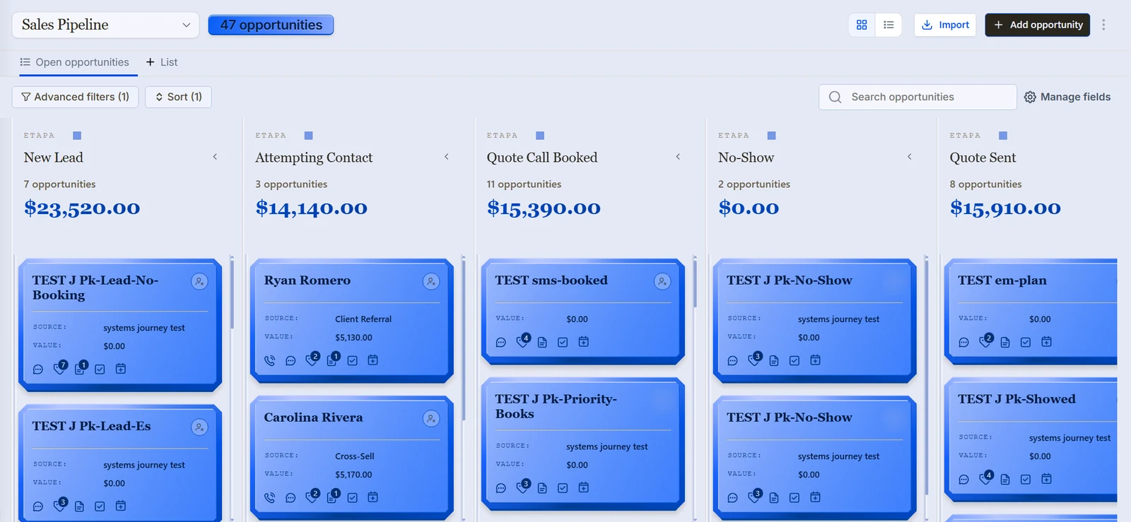 Opportunities board in an insurance demo account with the stages New Lead, Attempting Contact, Quote Call Booked, No-Show and Quote Sent, and made-up contacts on the cards.