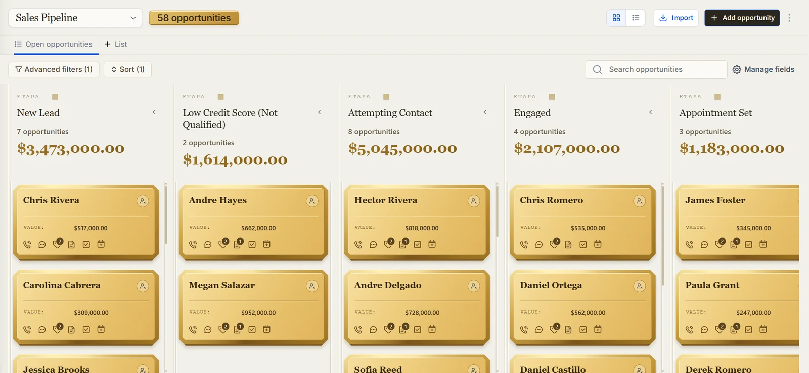 Opportunities board in a mortgage demo account with the stages New Lead, Low Credit Score (Not Qualified), Attempting Contact, Engaged and Appointment Set, and made-up borrowers on the cards.